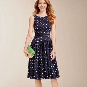Talbots Women's Size 12P Fit And Flare Polka Dot Dress Sleeveless Navy White Cot